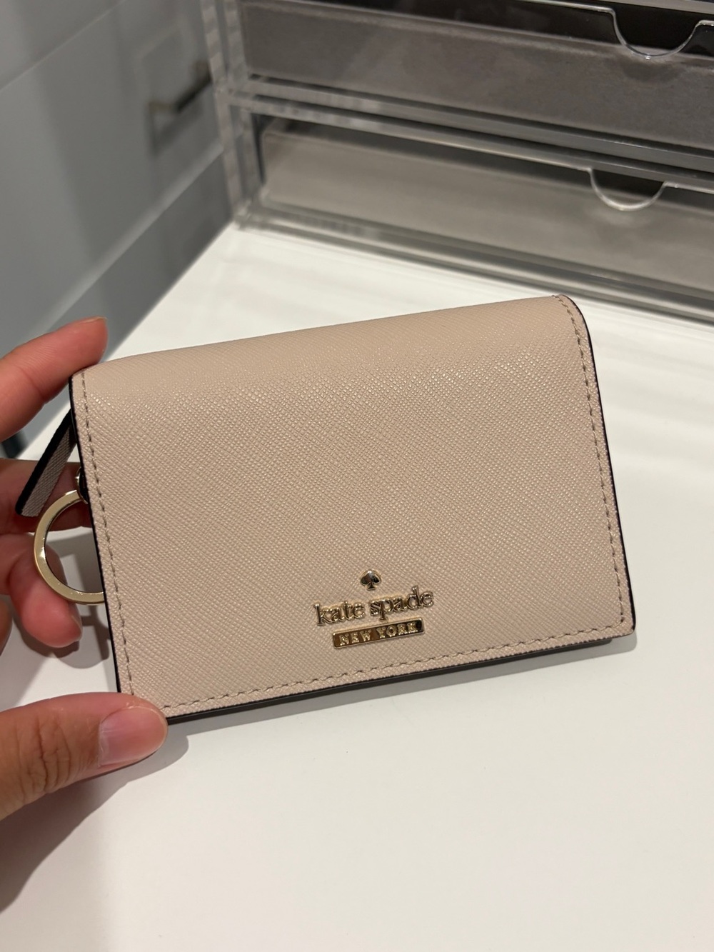 kate spade Blush Pebbled Leather Card Holder with Gold Logo